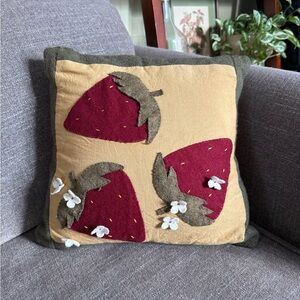 Handmade Strawberry Appliqué Throw Pillow – Removable Cover